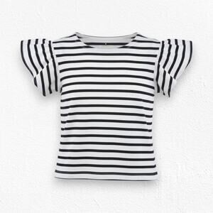 Kate Spade Black White Stripe Flutter Sleeve Top Ruffle Tee Shirt Size Small